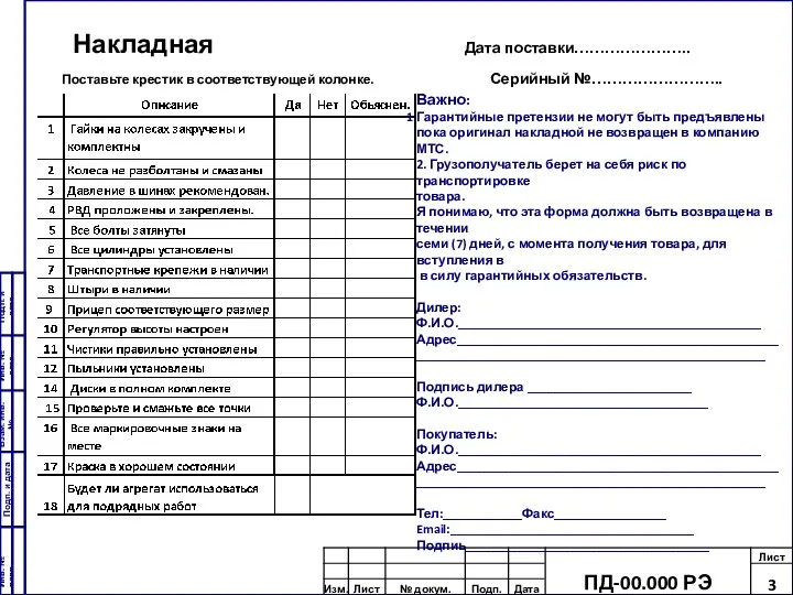 Накладная Дата поставки………………….. Поставьте крестик в соответствующей колонке. Серийный №……………………..