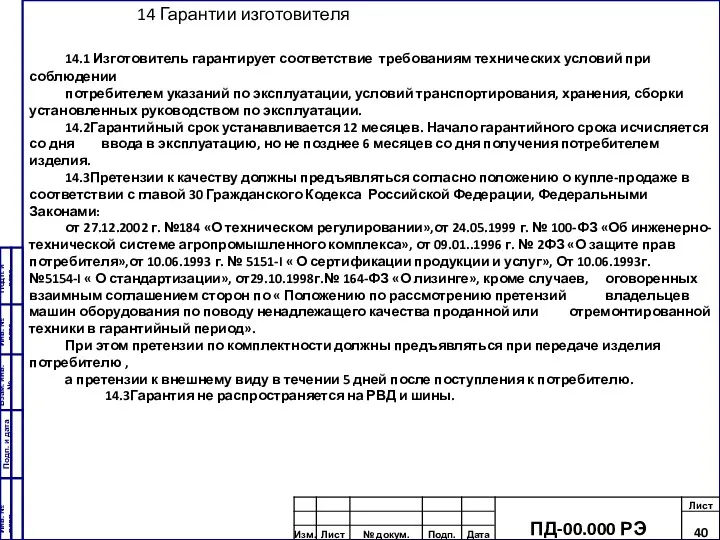 14 Гарантии изготовителя 14.1 Изготовитель гарантирует соответствие требованиям технических условий