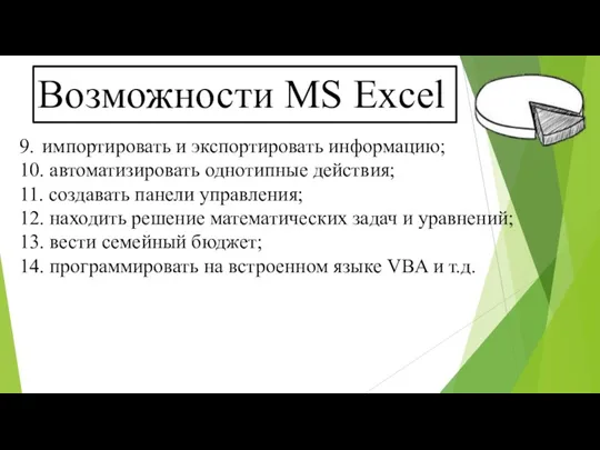 Возможности MS Excel 9. импортировать и экспортировать информацию; 10. автоматизировать