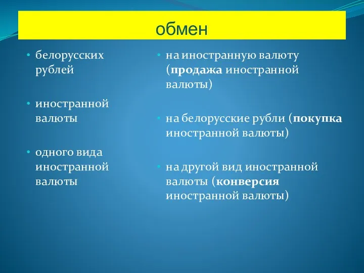 обмен белорусских рублей иностранной валюты одного вида иностранной валюты на