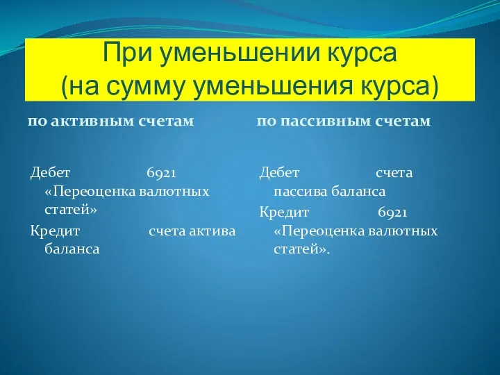 При уменьшении курса (на сумму уменьшения курса) по активным счетам