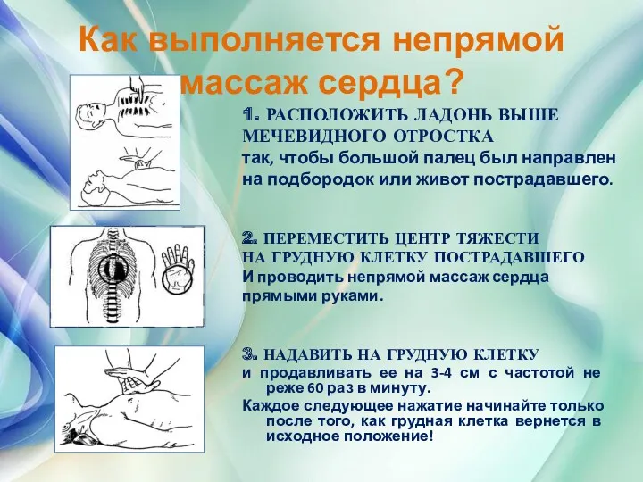 Как выполняется непрямой массаж сердца? 3. НАДАВИТЬ НА ГРУДНУЮ КЛЕТКУ