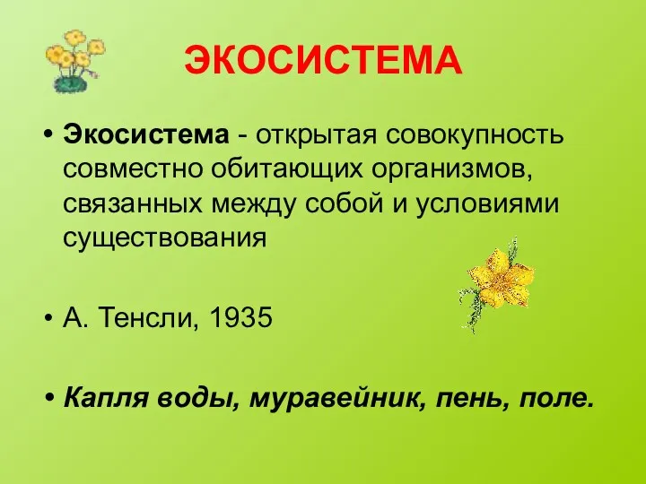 ЭКОСИСТЕМА Экосистема - открытая совокупность совместно обитающих организмов, связанных между собой и условиями