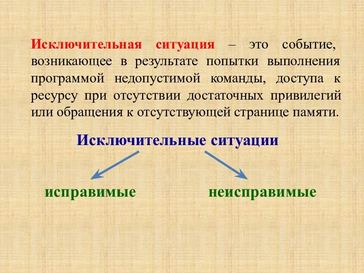 Исключительная ситуация – это событие, возникающее в результате попытки выполнения