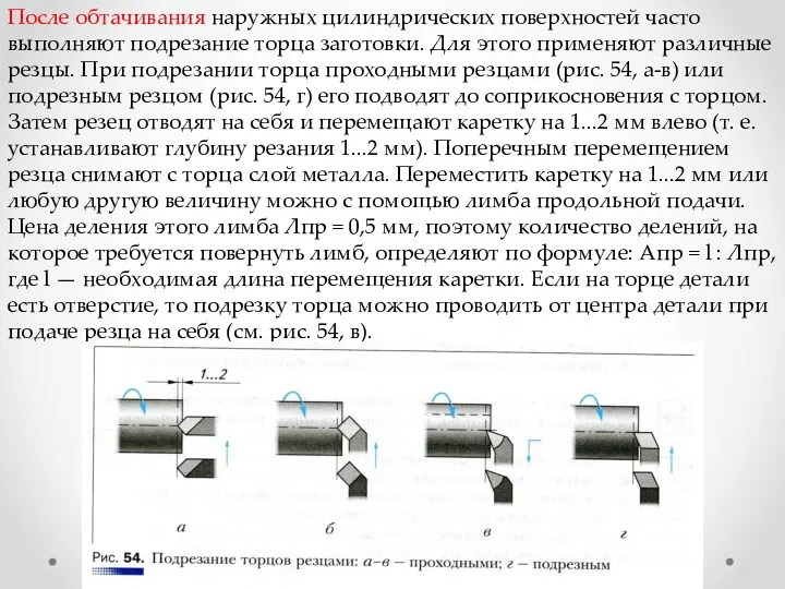 После обтачивания наружных цилиндрических поверхностей часто выполняют подрезание торца заготовки. Для этого применяют