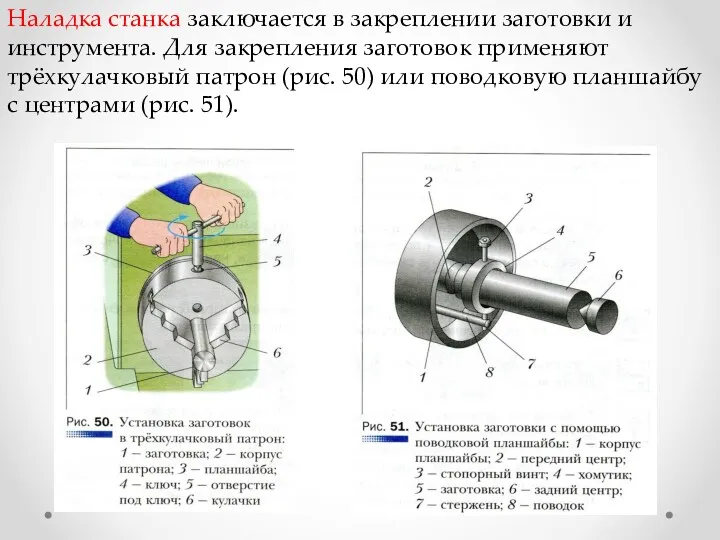 Наладка станка заключается в закреплении заготовки и инструмента. Для закрепления заготовок применяют трёхкулачковый