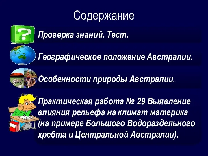 Содержание Проверка знаний. Тест. Географическое положение Австралии. Особенности природы Австралии.