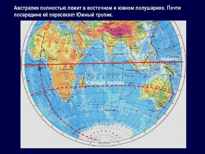 Австралия полностью лежит в восточном и южном полушариях. Почти посередине её пересекает Южный тропик.