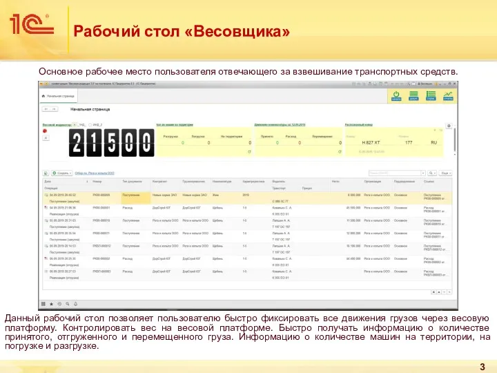 Рабочий стол «Весовщика» Основное рабочее место пользователя отвечающего за взвешивание