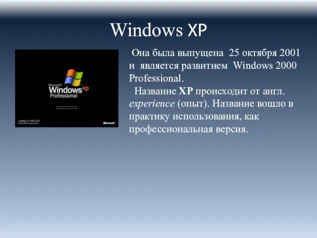 Windows XP Она была выпущена 25 октября 2001 и является