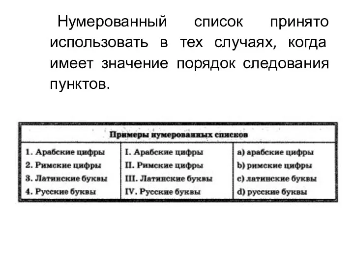 Нумерованный список принято использовать в тех случаях, когда имеет значение порядок следования пунктов.