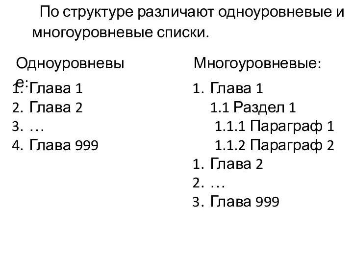 По структуре различают одноуровневые и многоуровневые списки. Глава 1 Глава