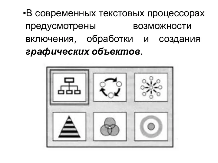 В современных текстовых процессорах предусмотрены возможности включения, обработки и создания графических объектов.