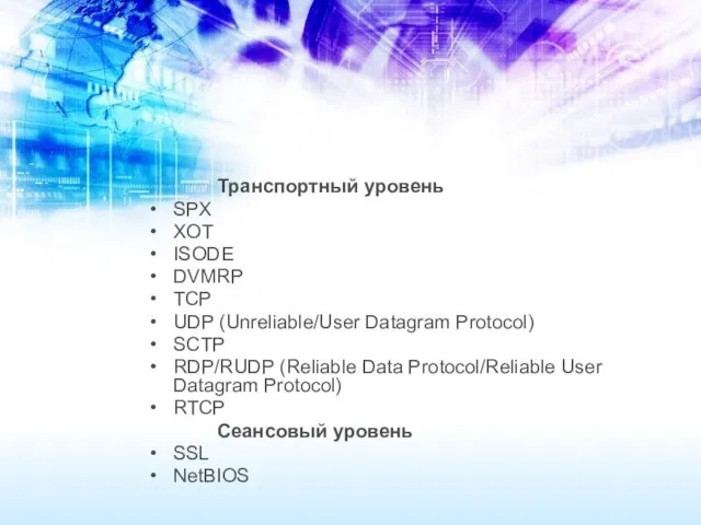Транспортный уровень SPX XOT ISODE DVMRP TCP UDP (Unreliable/User Datagram Protocol) SCTP RDP/RUDP