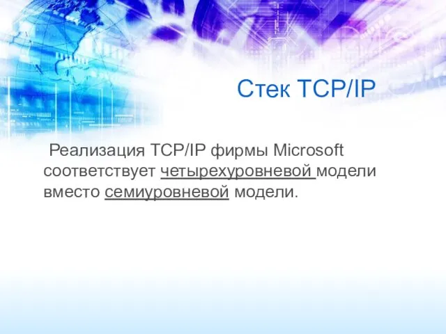 Стек TCP/IP Реализация TCP/IP фирмы Microsoft соответствует четырехуровневой модели вместо семиуровневой модели.