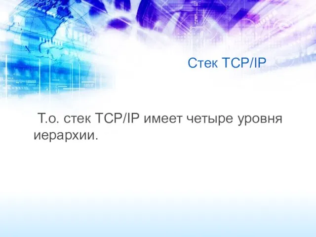 Стек TCP/IP Т.о. стек TCP/IP имеет четыре уровня иерархии.