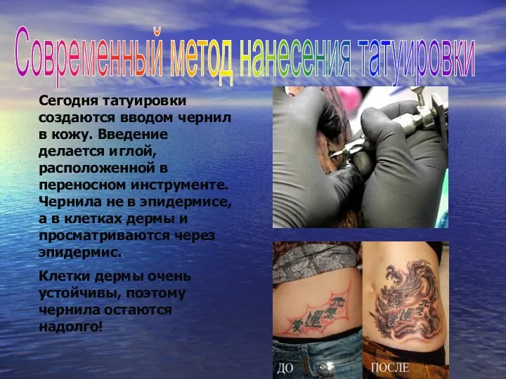 Современный метод нанесения татуировки Сегодня татуировки создаются вводом чернил в