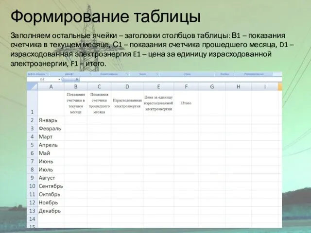 Формирование таблицы Заполняем остальные ячейки – заголовки столбцов таблицы: В1 – показания счетчика