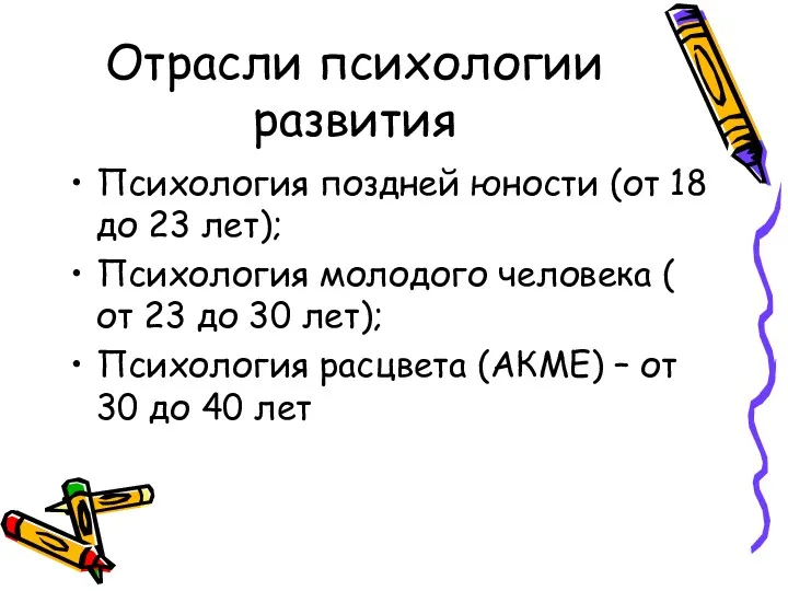 Отрасли психологии развития Психология поздней юности (от 18 до 23