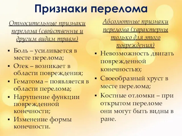 Признаки перелома Относительные признаки перелома (свойственны и другим видам травм)