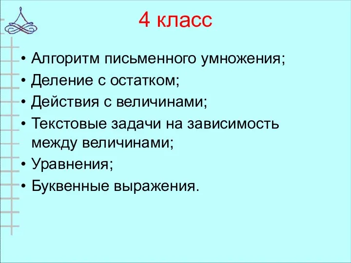 4 класс Алгоритм письменного умножения; Деление с остатком; Действия с