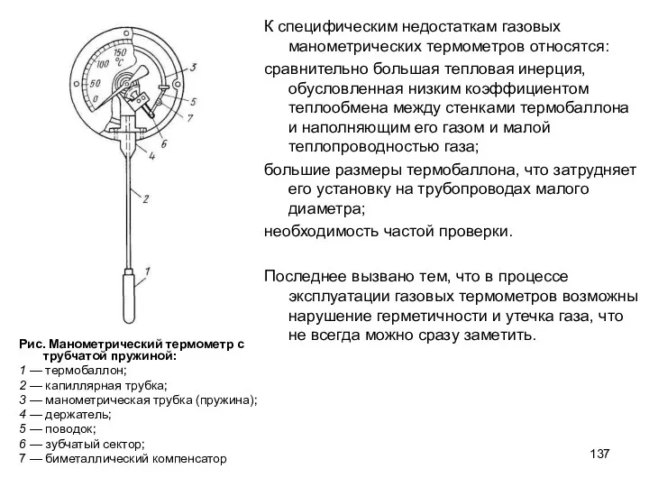 Рис. Манометрический термометр с трубчатой пружиной: 1 — термобаллон; 2