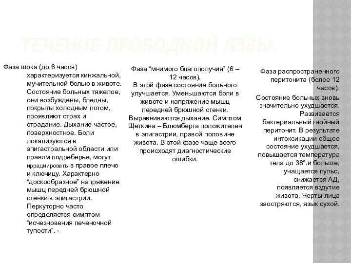 ТЕЧЕНИЕ ПРОБОДНОЙ ЯЗВЫ. Фаза шока (до 6 часов) характеризуется кинжальной,