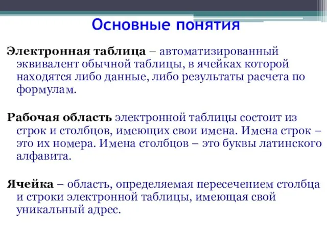 Основные понятия Электронная таблица – автоматизированный эквивалент обычной таблицы, в