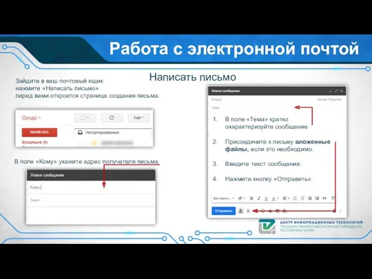 Работа с электронной почтой Написать письмо Зайдите в ваш почтовый