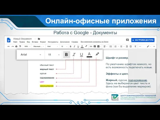 Онлайн-офисные приложения Работа с Google - Документы Шрифт и размер.