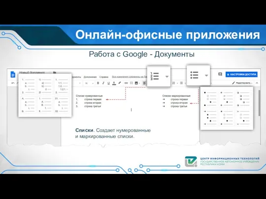 Онлайн-офисные приложения Работа с Google - Документы Списки. Создает нумерованные и маркированные списки.