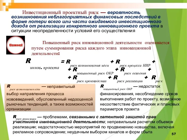 57 Инвестиционный проектный риск — вероятность возникновения неблагоприятных финансовых последствий