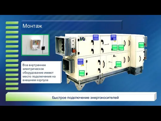 Быстрое подключение энергоносителей Монтаж Все внутреннее электрическое оборудование имеют место подключения на внешнем корпусе
