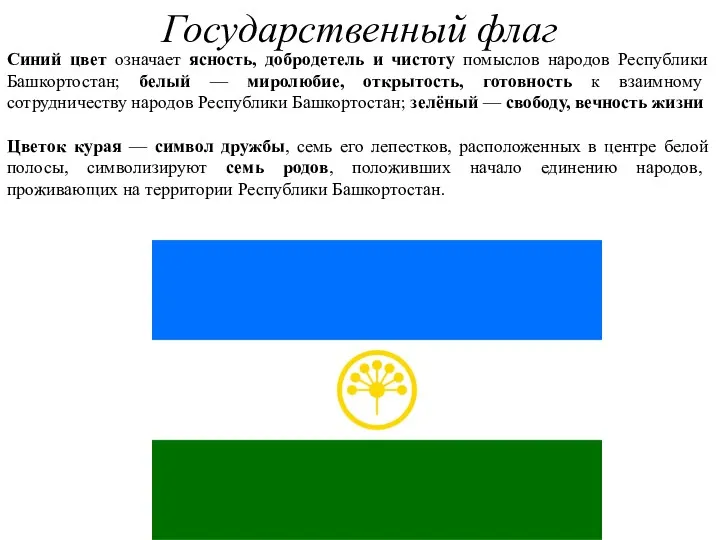 Государственный флаг Синий цвет означает ясность, добродетель и чистоту помыслов народов Республики Башкортостан;