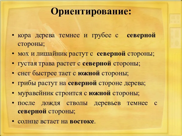 Ориентирование: кора дерева темнее и грубее с северной стороны; мох