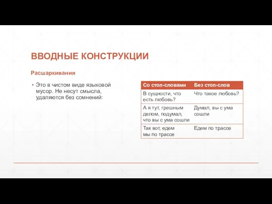 ВВОДНЫЕ КОНСТРУКЦИИ Расшаркивания Это в чистом виде языковой мусор. Не несут смысла, удаляются без сомнений: