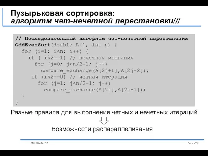 Москва, 2017 г. из 77 Пузырьковая сортировка: алгоритм чет-нечетной перестановки///