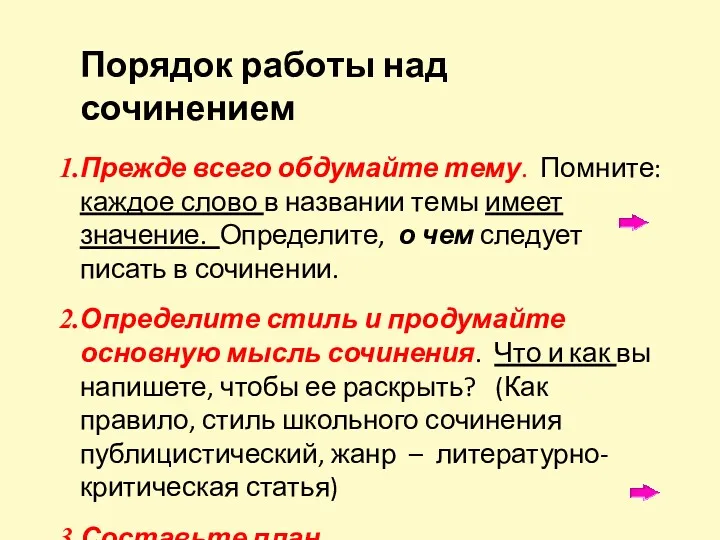 Порядок работы над сочинением Прежде всего обдумайте тему. Помните: каждое