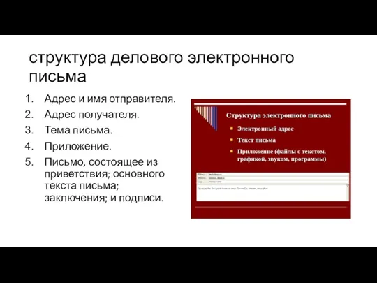 структура делового электронного письма Адрес и имя отправителя. Адрес получателя. Тема письма. Приложение.