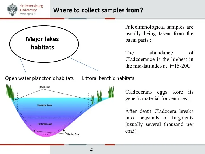 Where to collect samples from? Major lakes habitats Open water