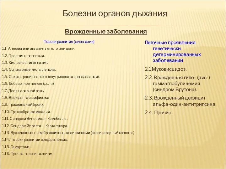 Болезни органов дыхания Пороки развития (дисплазии) 1.1. Агнезия или аплазия