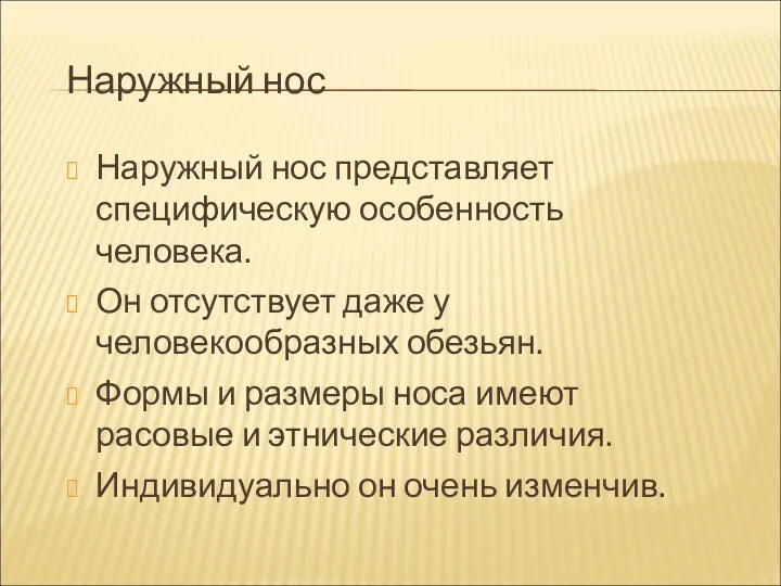 Наружный нос Наружный нос представляет специфическую особенность человека. Он отсутствует