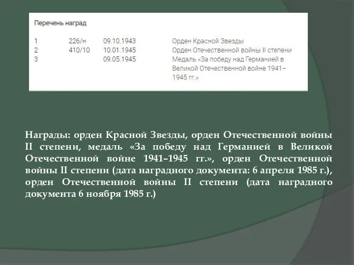 Награды: орден Красной Звезды, орден Отечественной войны II степени, медаль