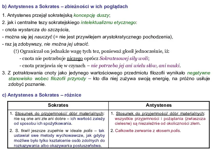 b) Antystenes a Sokrates – zbieżności w ich poglądach 1.