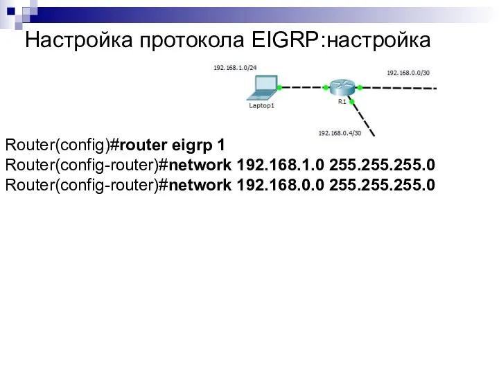 Настройка протокола EIGRP:настройка Router(config)#router eigrp 1 Router(config-router)#network 192.168.1.0 255.255.255.0 Router(config-router)#network 192.168.0.0 255.255.255.0