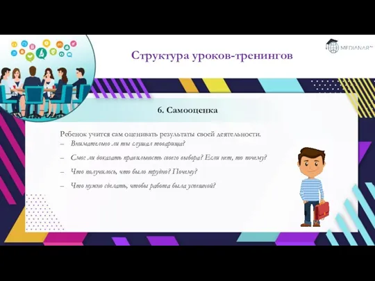 6. Самооценка Структура уроков-тренингов Ребенок учится сам оценивать результаты своей