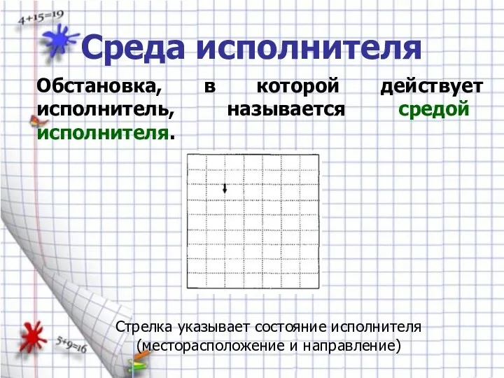 Среда исполнителя Обстановка, в которой действует исполнитель, называется средой исполнителя.