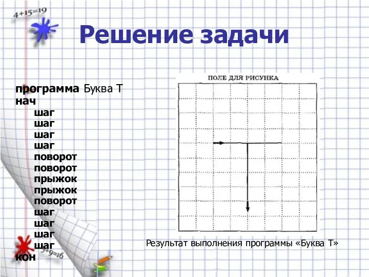 Решение задачи программа Буква Т нач шаг шаг шаг шаг