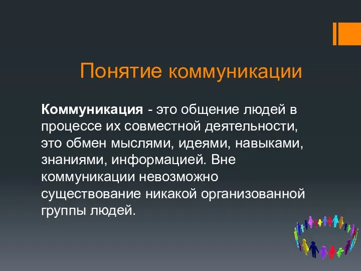 Понятие коммуникации Коммуникация - это общение людей в процессе их