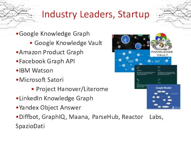 Industry Leaders, Startup •Google Knowledge Graph • Google Knowledge Vault